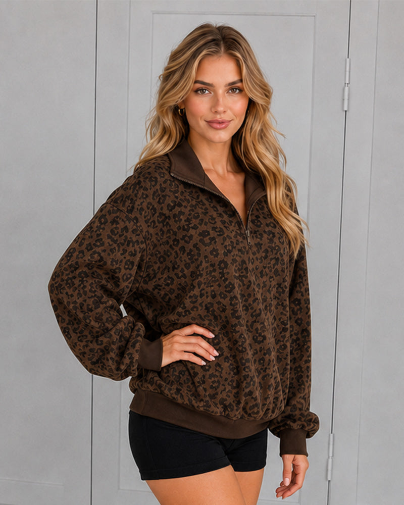 Leoparden-Print Oversized Pullover mit halbem Reißverschluss