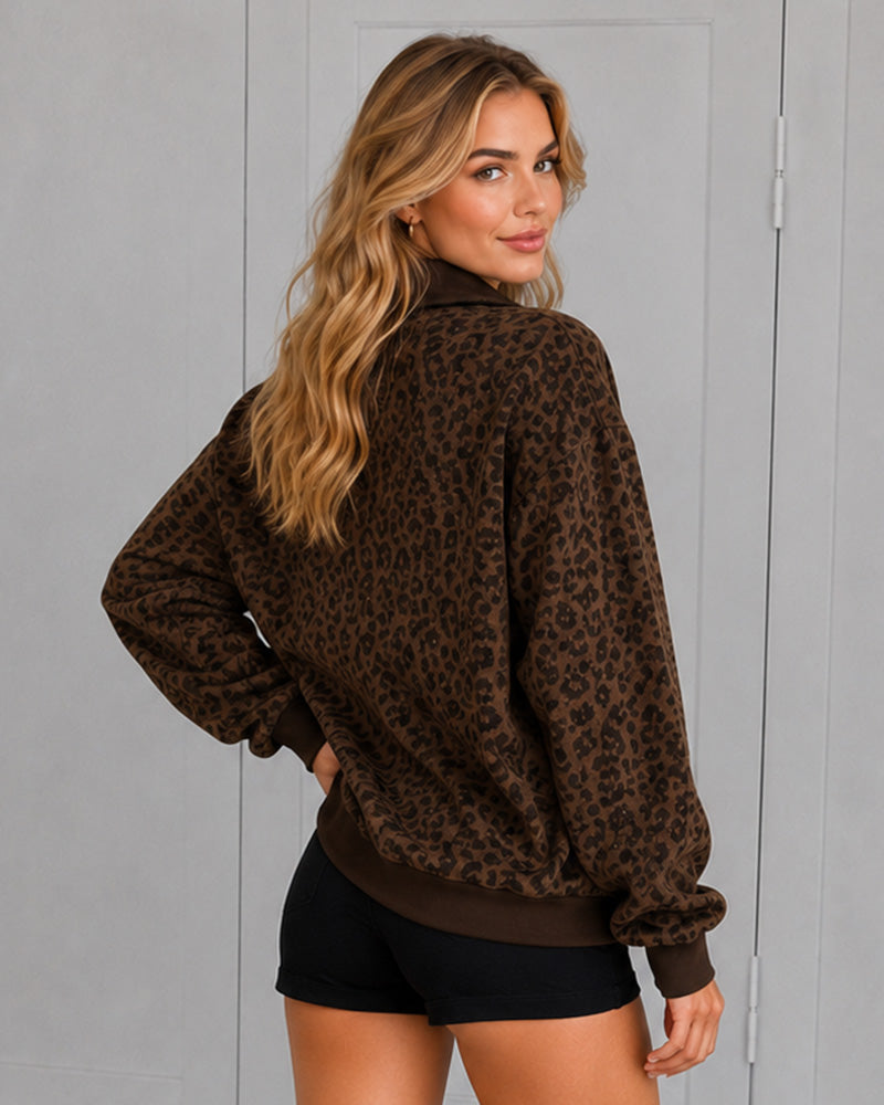 Leoparden-Print Oversized Pullover mit halbem Reißverschluss