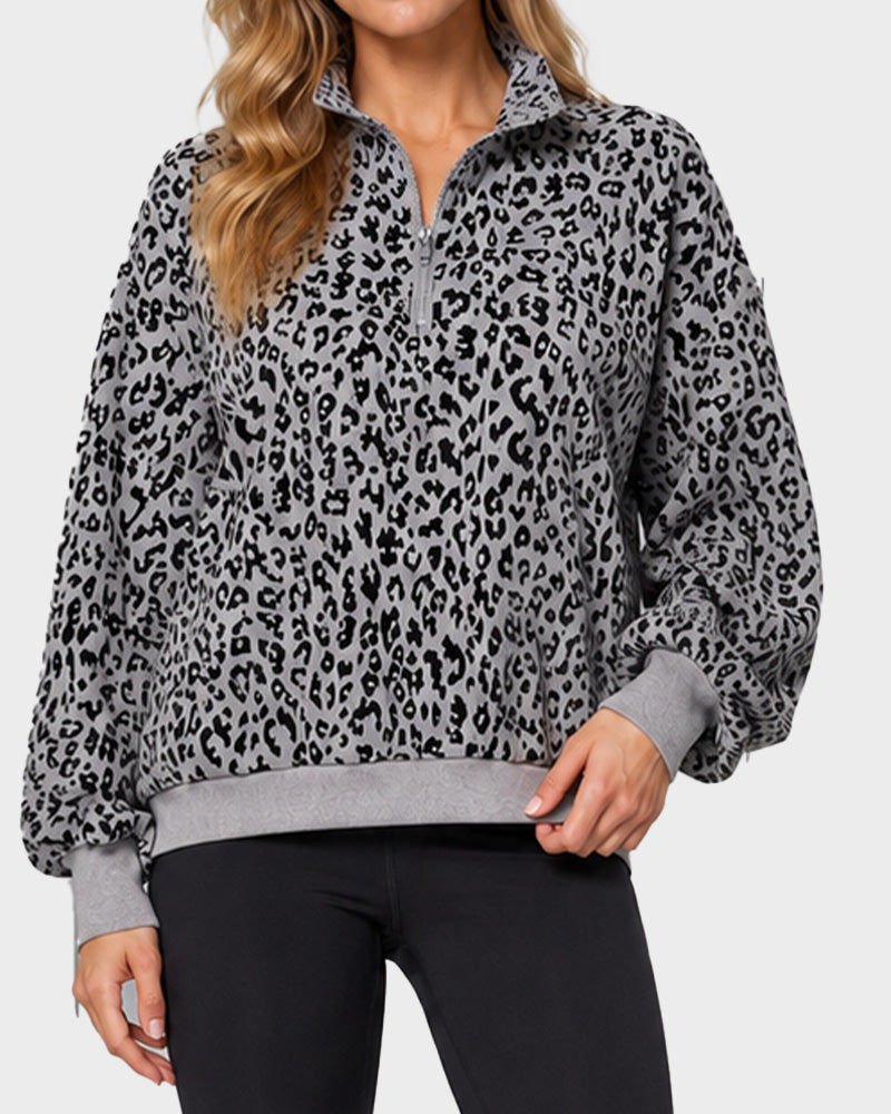 Leoparden-Print Oversized Pullover mit halbem Reißverschluss