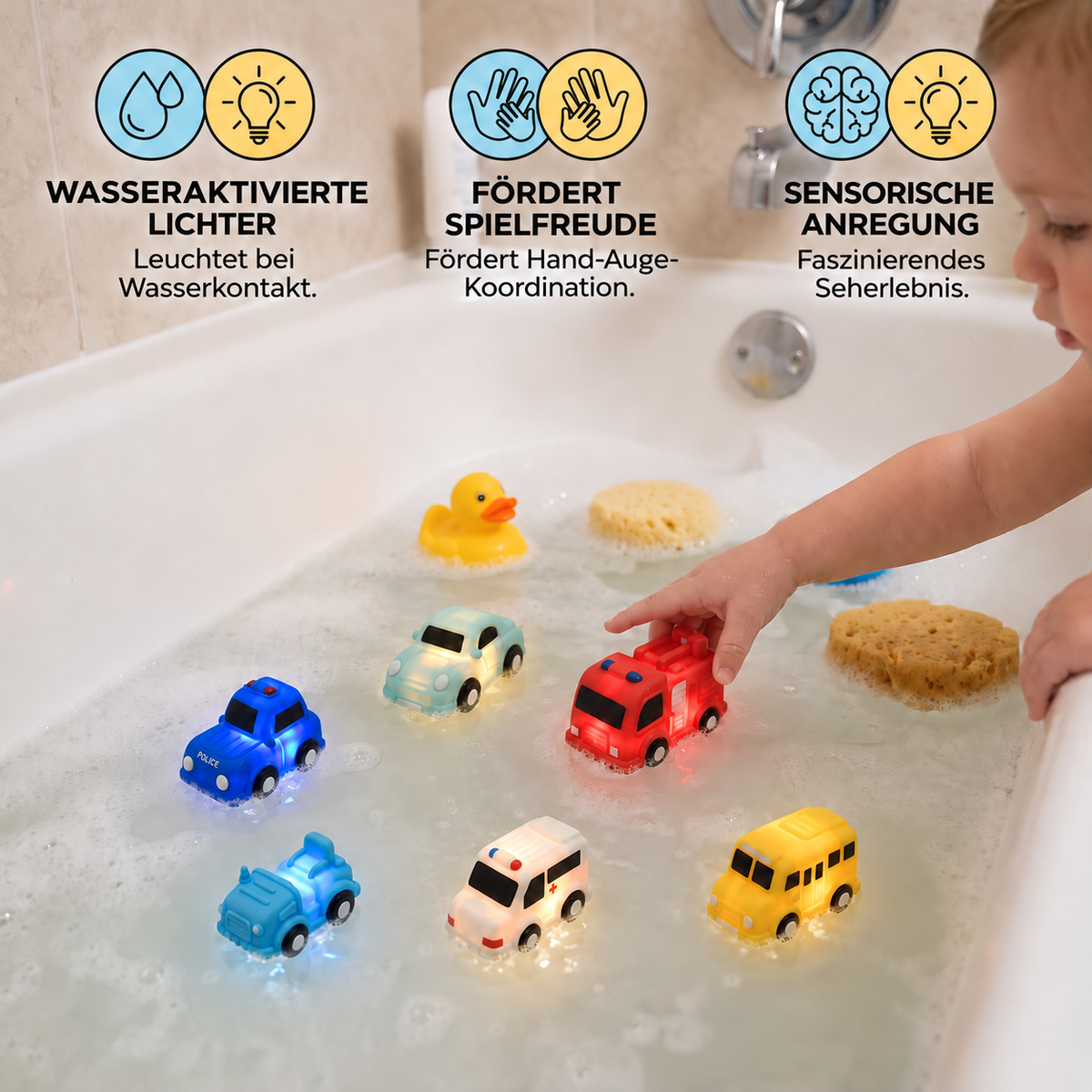 Nordspur | Leuchtendes Badespielzeug-Auto-Set – Wasseraktivierte Baby-Badespielzeuge