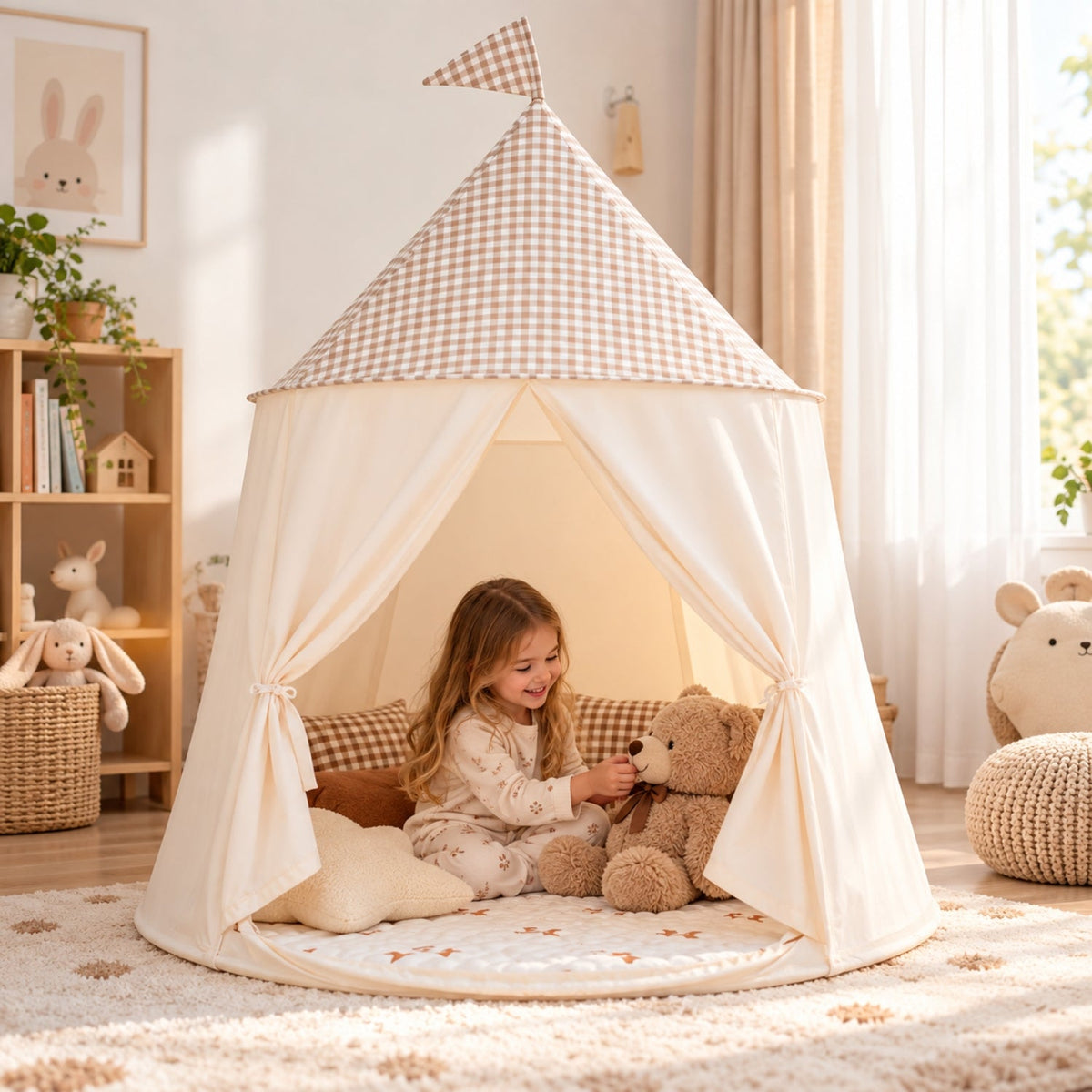Pop-Up Spielzelt aus Baumwolle mit Netzfenstern und Flaggendach