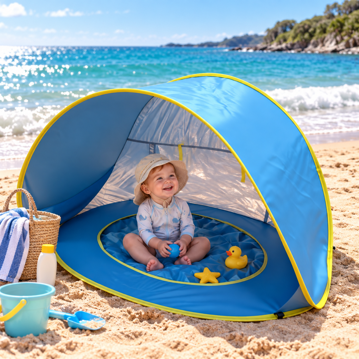 3-in-1 Baby Strandmuschel mit Planschbecken | UPF 50+ Pop-Up Sonnenschutz