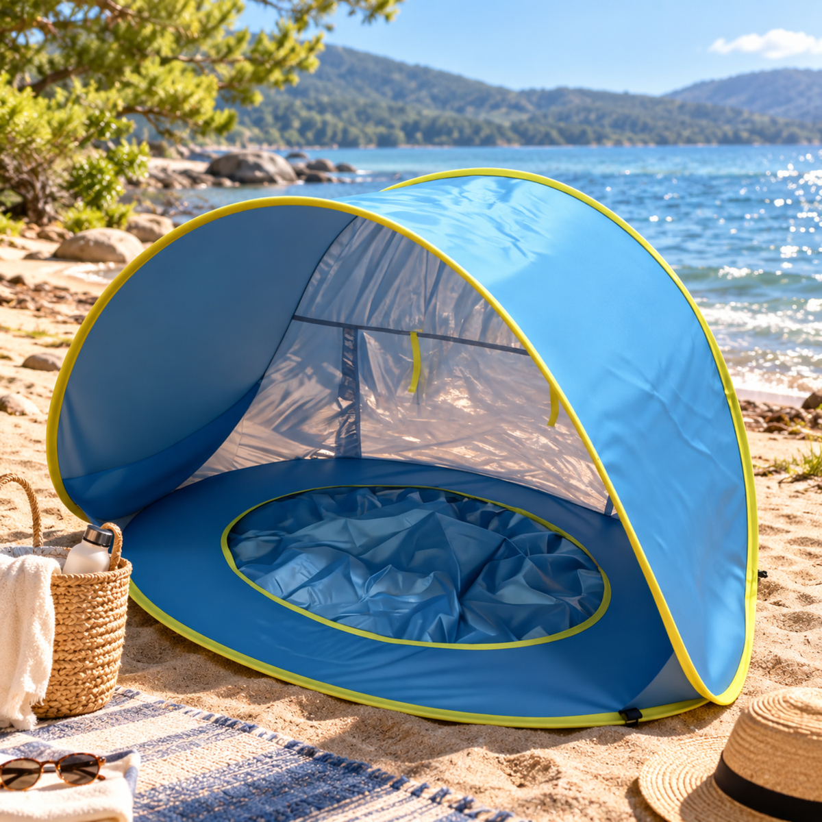 3-in-1 Baby Strandmuschel mit Planschbecken | UPF 50+ Pop-Up Sonnenschutz