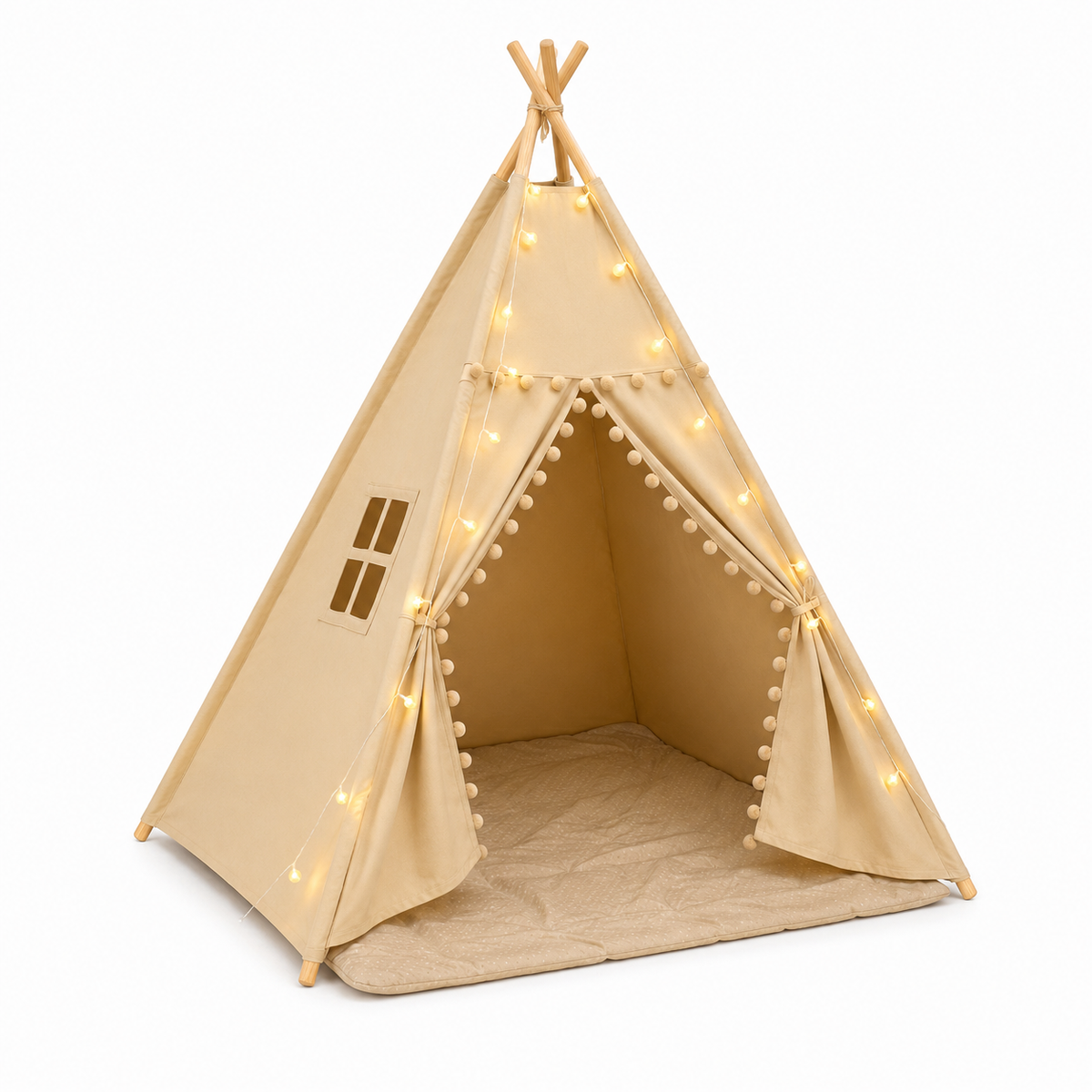 Kinder-Tipi-Zelt mit gepolsterter Matte und Pompom-Dekoration
