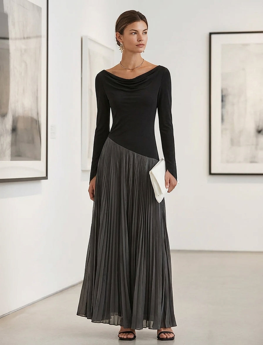 Minimalistisches Damen-Maxikleid in Zweifarbigem Color-Block-Design mit Drapiertem Ausschnitt