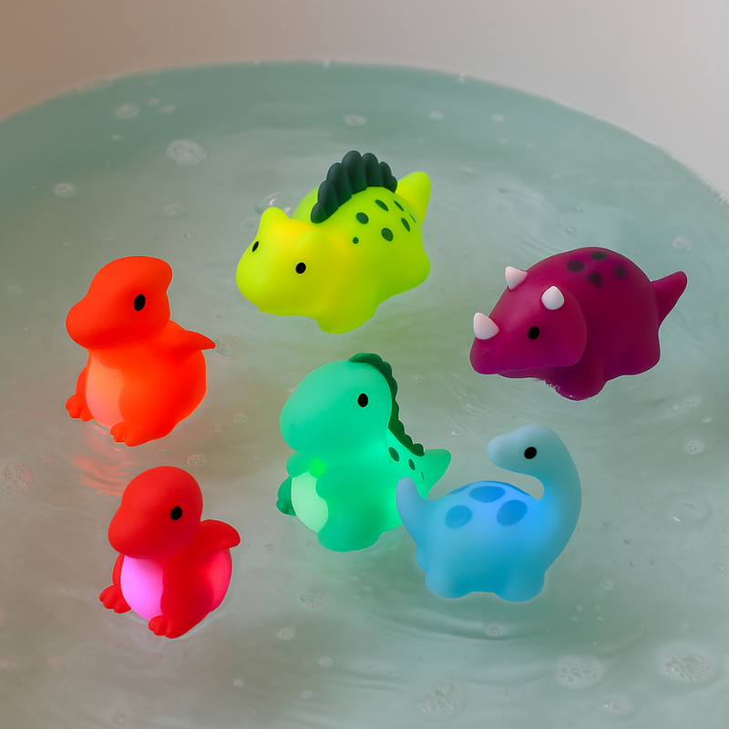 Leuchtende Dinosaurier für die Badewanne