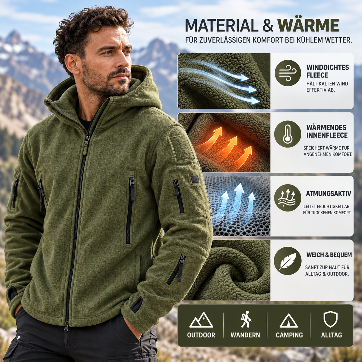 Winddichte Herren-Fleecejacke mit Kapuze – Warme Outdoor-Softshell