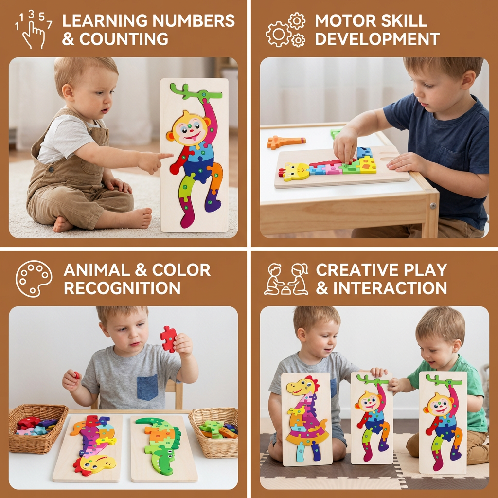 Holzpuzzle-Set für Kinder – Zahlen & Tiere Lernpuzzle