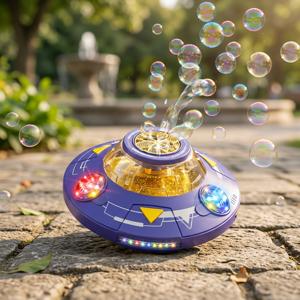 Leuchtende UFO-Seifenblasenmaschine für Kinder – Wiederaufladbare drehende Seifenblasenpistole mit LED-Effekten