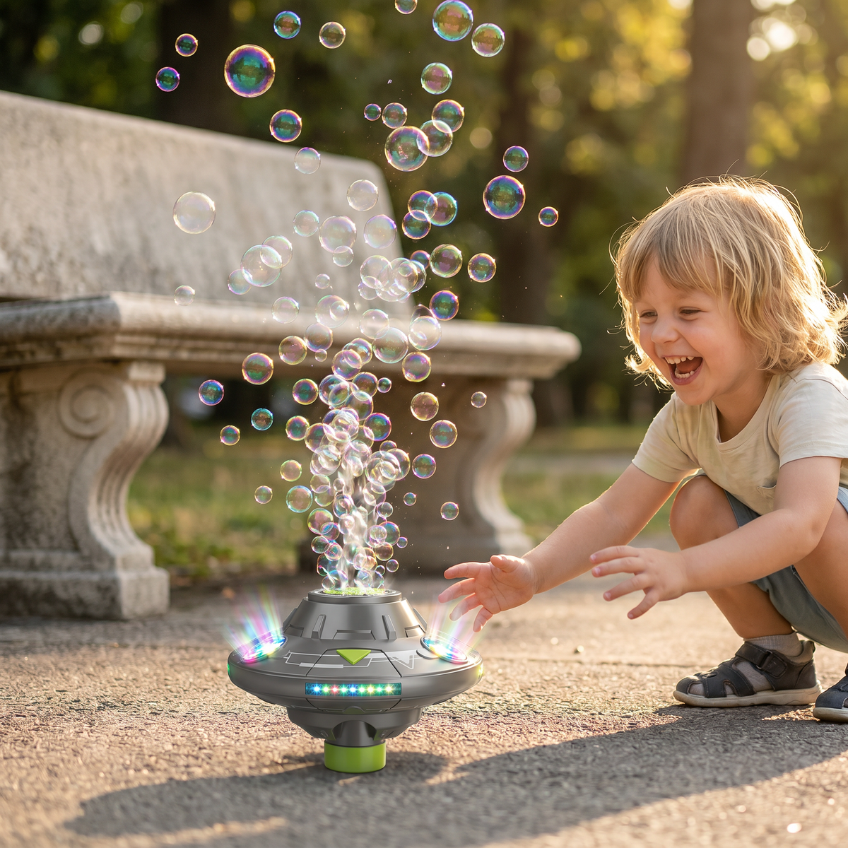 Leuchtende UFO-Seifenblasenmaschine für Kinder – Wiederaufladbare drehende Seifenblasenpistole mit LED-Effekten