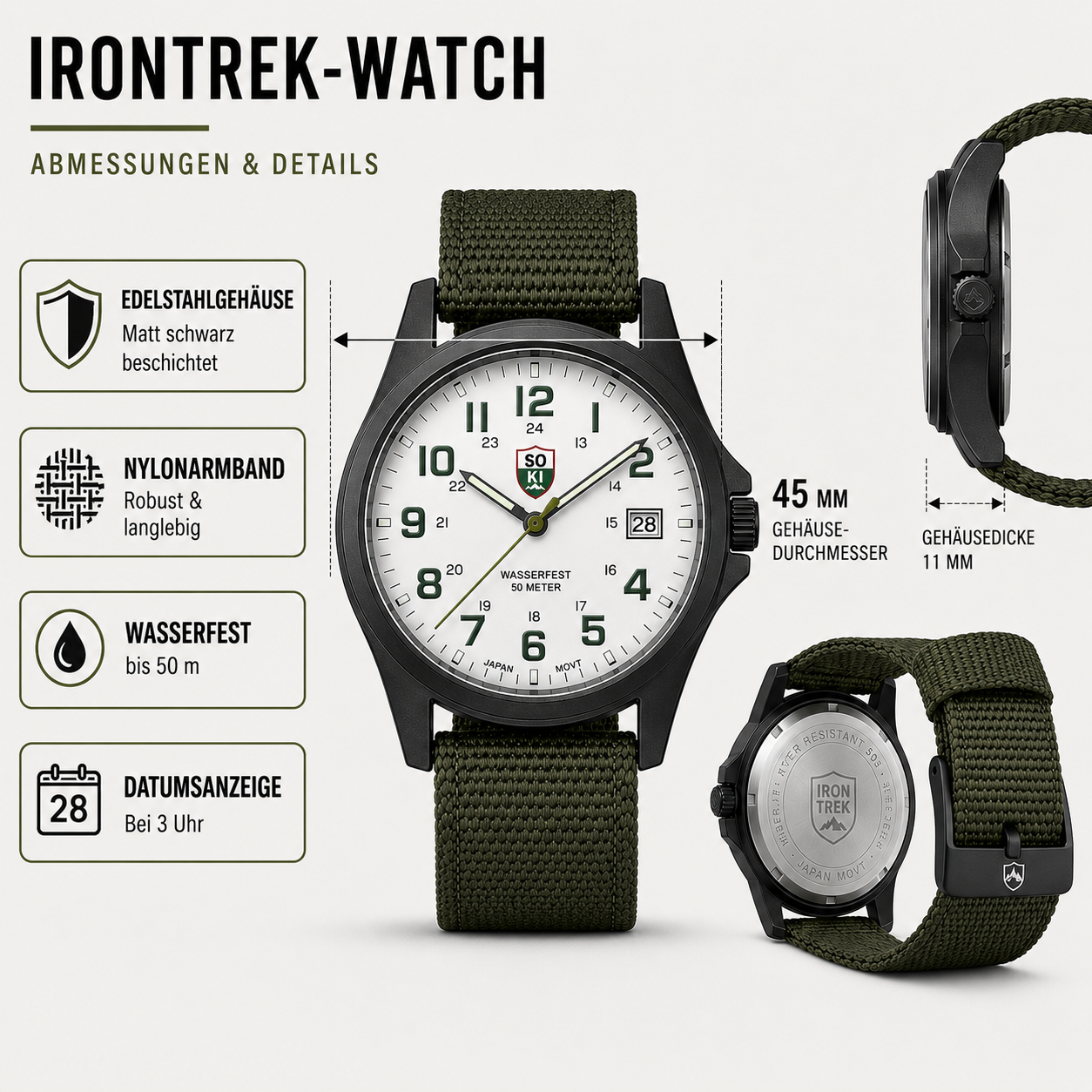 Militär Armbanduhr Edelstahl 45mm wasserdicht & robust – IronTrek Watch