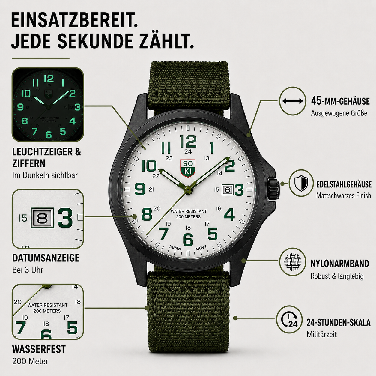 Militär Armbanduhr Edelstahl 45mm wasserdicht & robust – IronTrek Watch