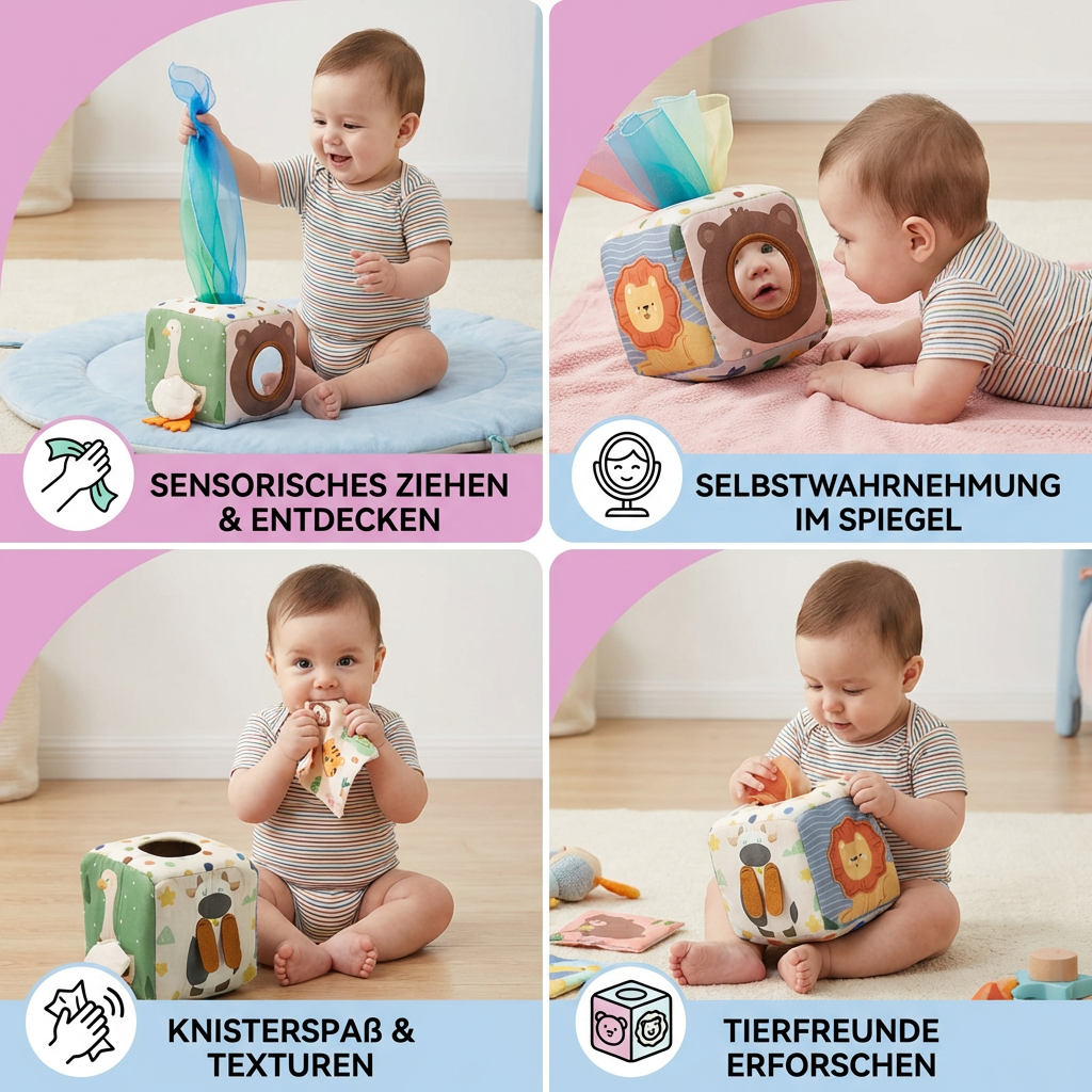 Montessori Baby Sensorik-Tücherbox – Weiches Knister- & Fühlspiel