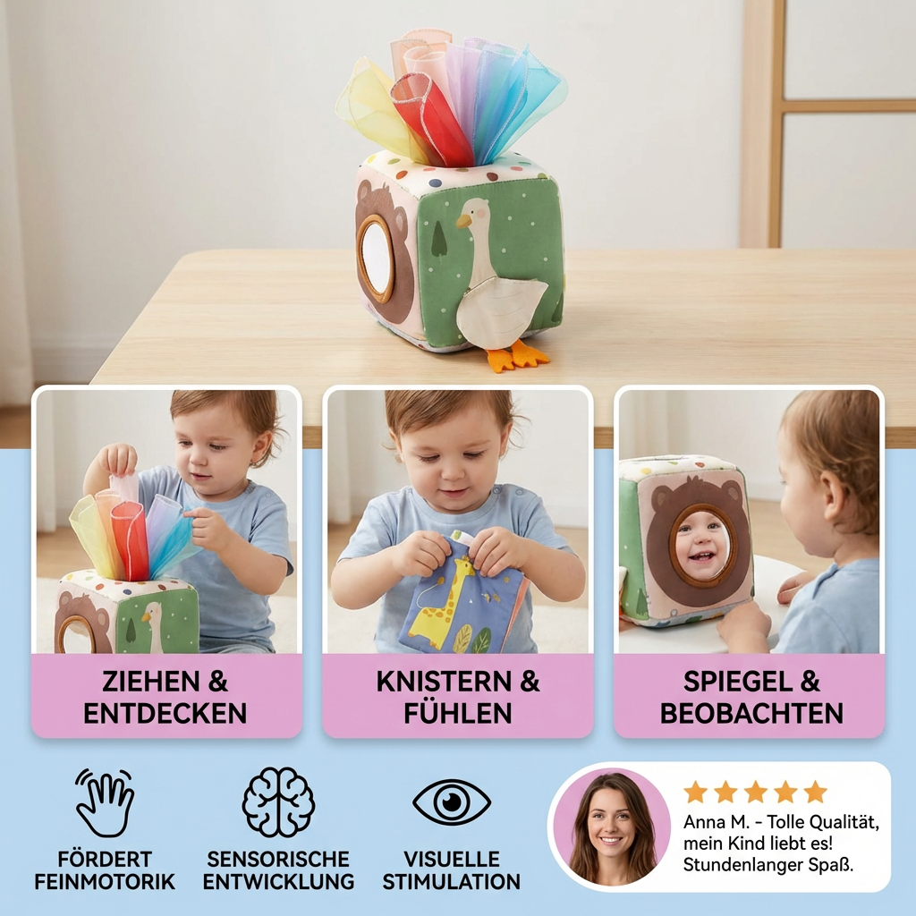 Montessori Baby Sensorik-Tücherbox – Weiches Knister- & Fühlspiel