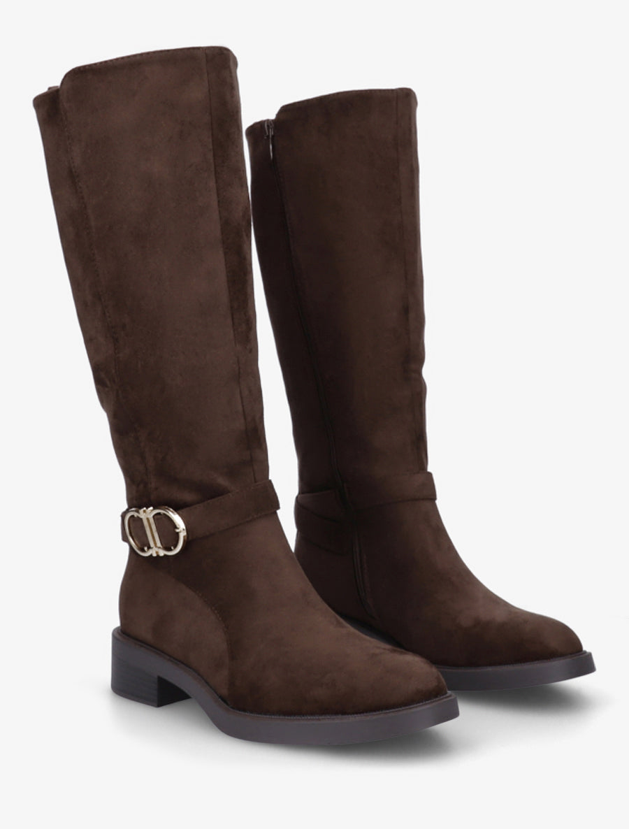 Stiefel aus Velourslederimitat mit Blockabsatz und Schnalle