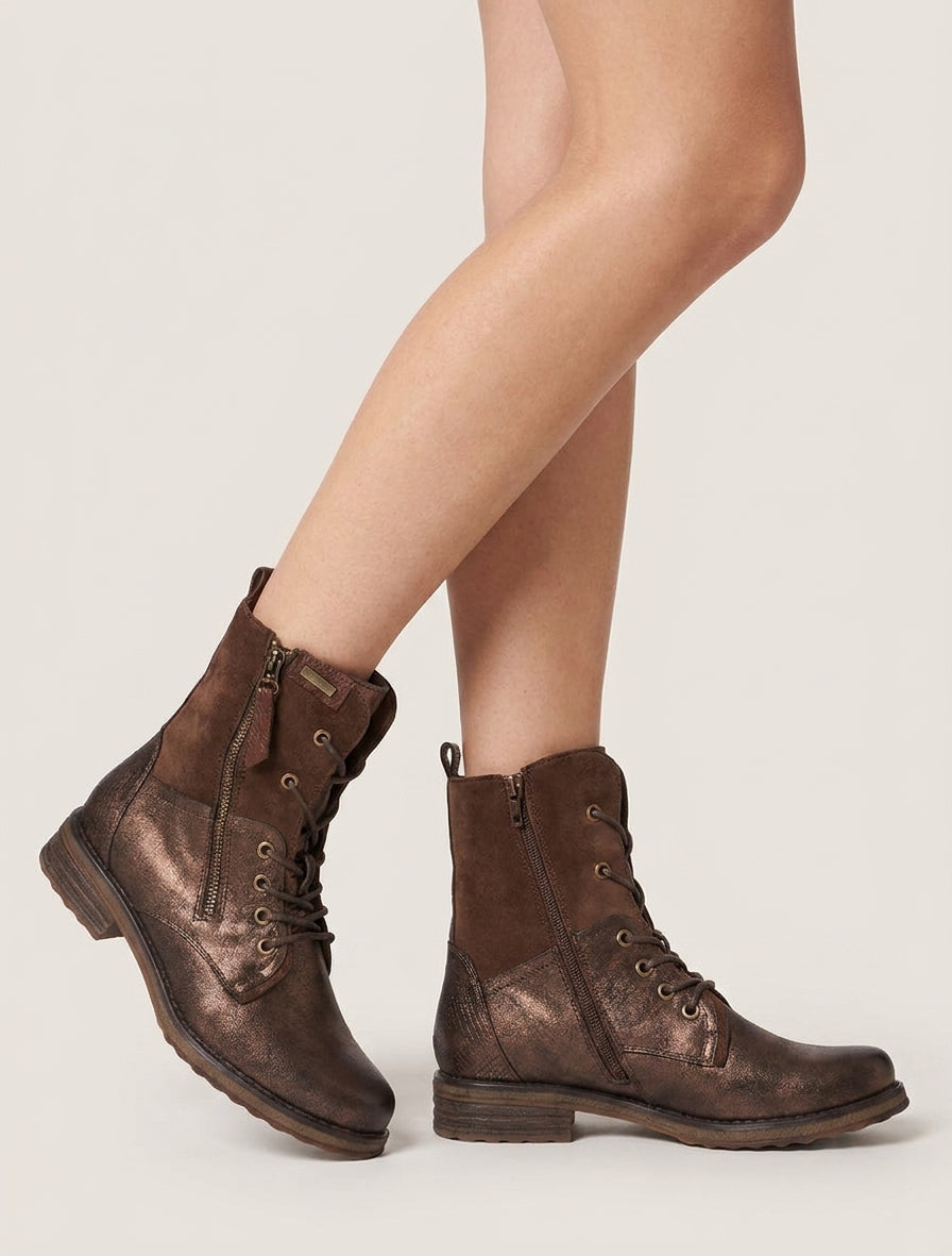 Bottines mit Blockabsatz aus zwei Materialien - Braun