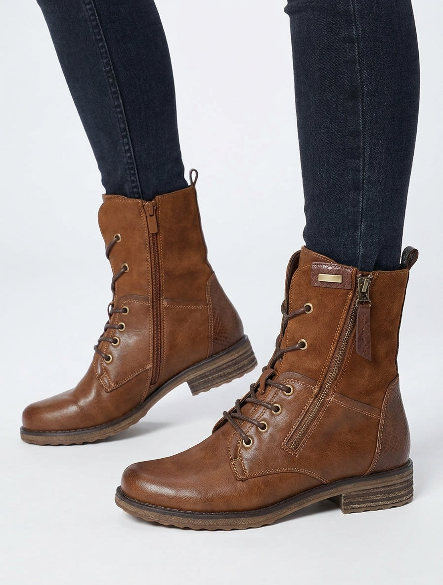 Bottines aus zwei Materialien mit Blockabsatz - Camel