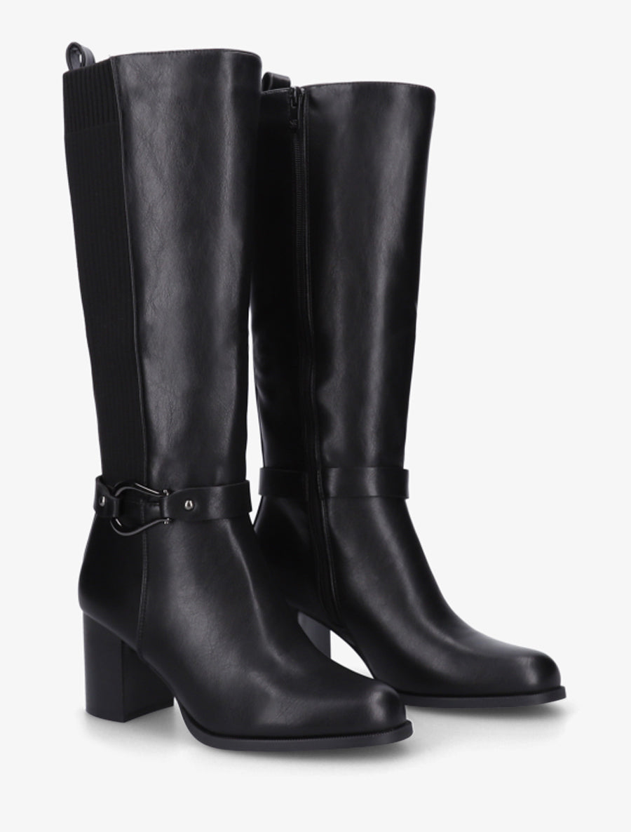 Stiefel mit Blockabsatz aus zwei Materialien - Schwarz