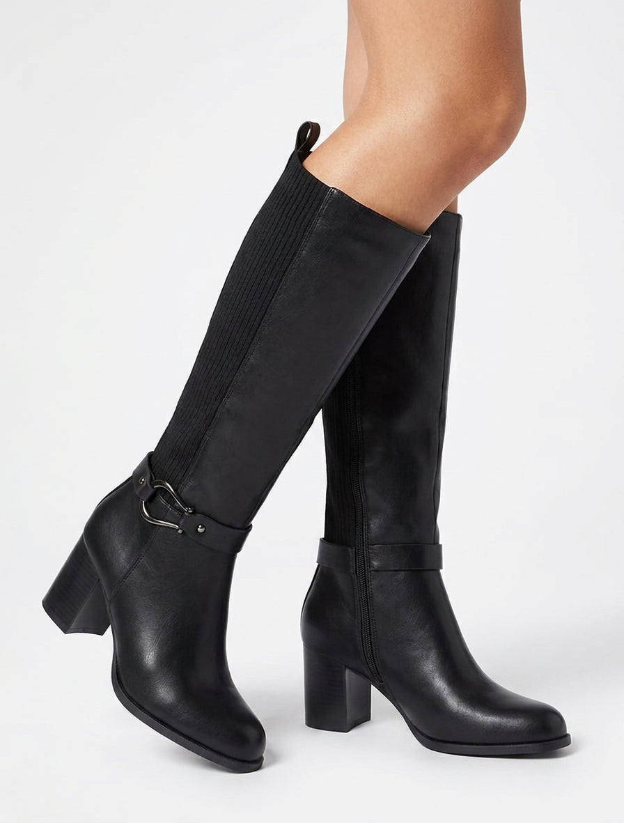 Stiefel mit Blockabsatz aus zwei Materialien - Schwarz