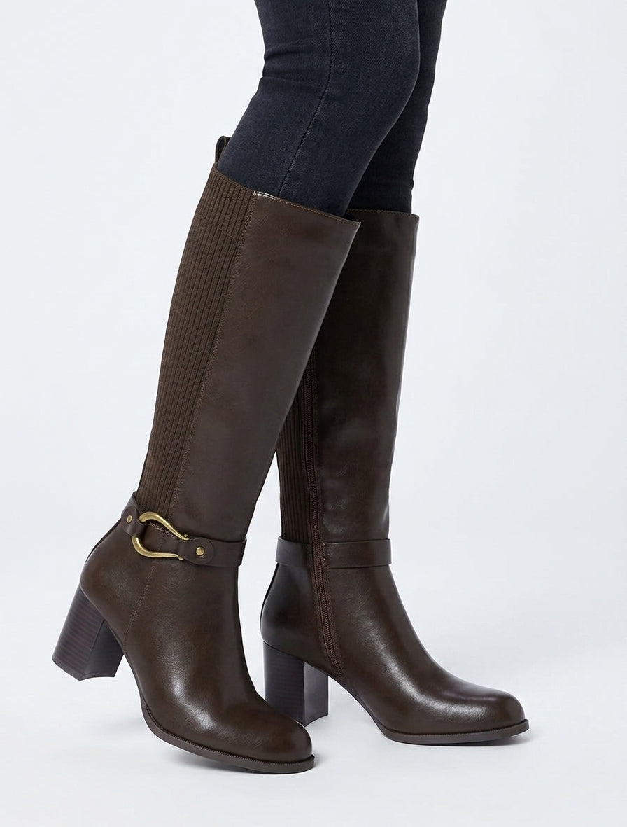 Stiefel aus zwei Materialien mit Blockabsatz - Braun