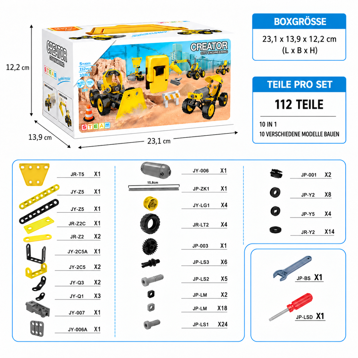 Nordspur | 10-in-1 Kreativer Elektrischer Baufahrzeug-Bausatz für Kinder