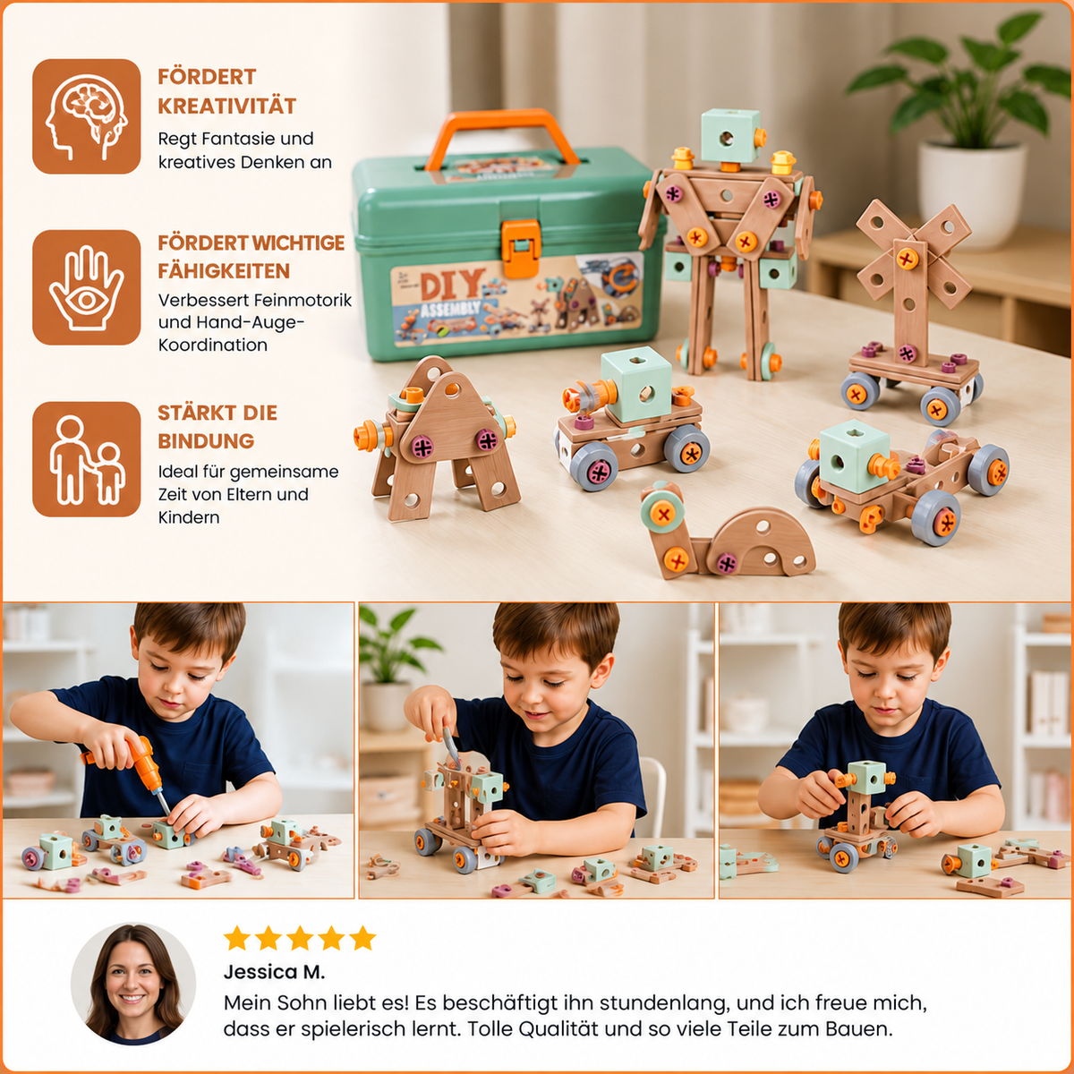 Nordspur | 144-teiliges Kinder-Werkzeugset mit Bohrer und Werkzeugkoffer – STEM Montessori Konstruktionsset