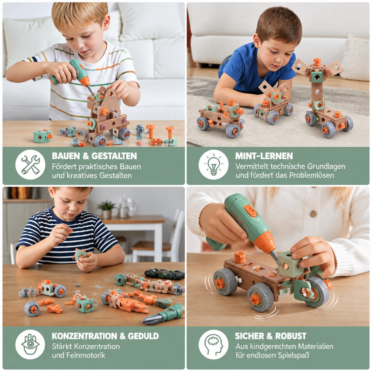 Nordspur | 144-teiliges Kinder-Werkzeugset mit Bohrer und Werkzeugkoffer – STEM Montessori Konstruktionsset