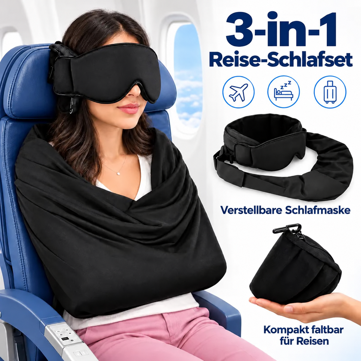 Nordspur | 3-in-1 Flugzeug-Schlafstützsystem - Handgepäck-freundliches Reisebettwäsche-Zubehör-Set