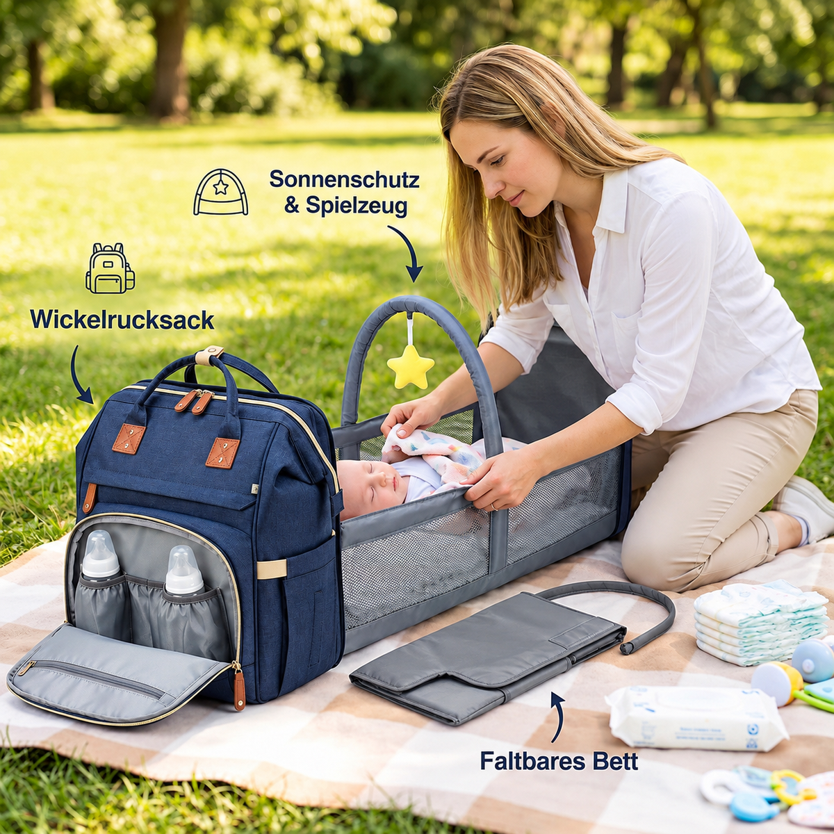 Nordspur | 3-in-1 Reise-Wickelrucksack mit faltbarem Babybett