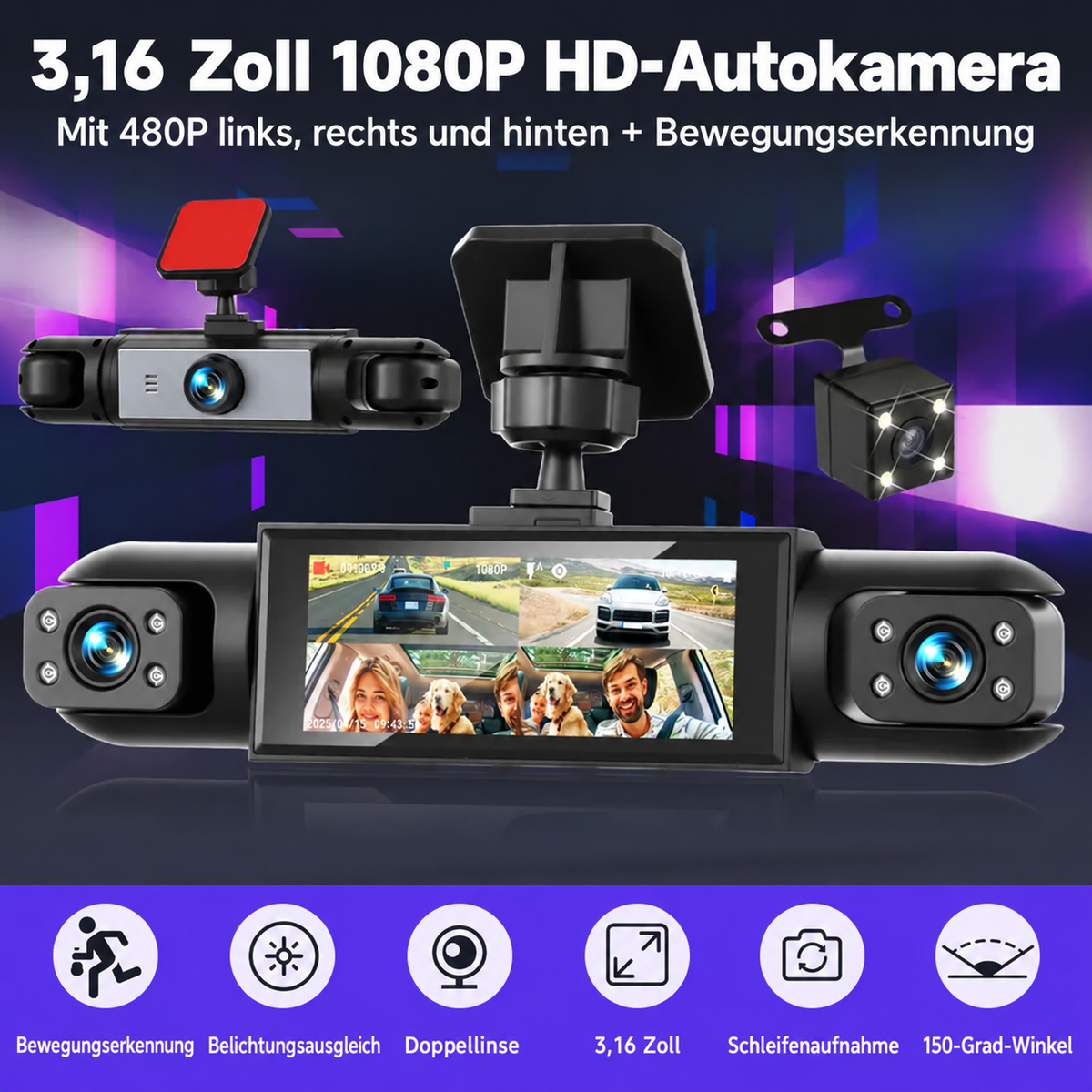 Nordspur | 4-Kanal Auto-Dashcam mit 360° Rundumabdeckung