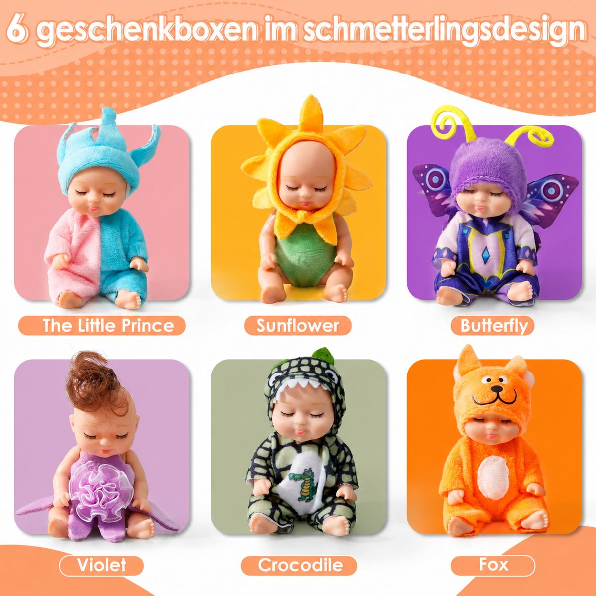 Nordspur | 6-teiliges Mini-Babypuppen-Set mit Schmetterlings- und Blumen-Outfits, 10 cm