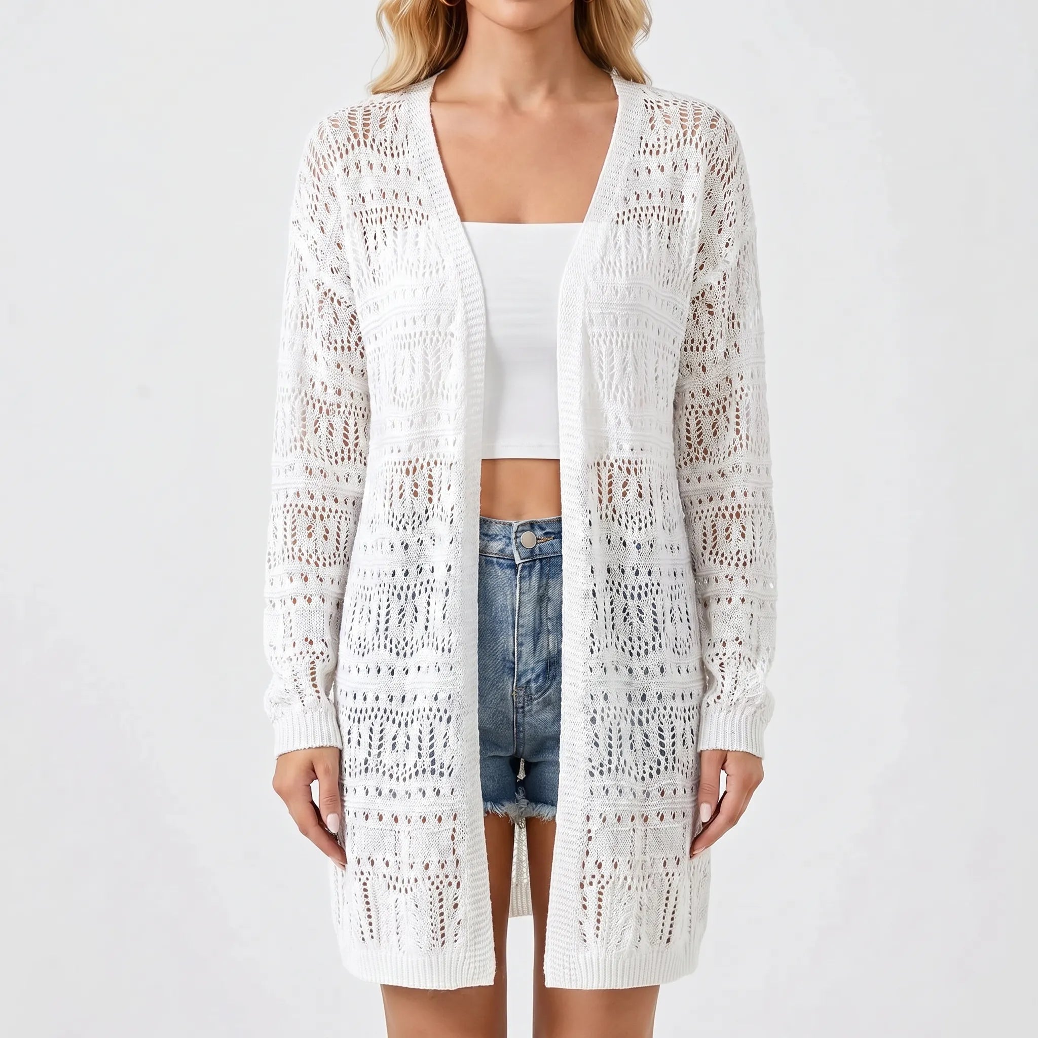 Offene Strickjacke mittellang mit geometrischem Muster und langen Ärmeln