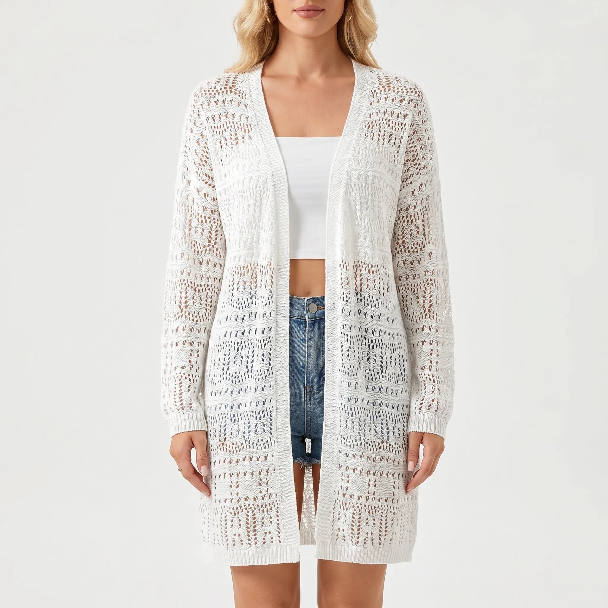 Offene Strickjacke mittellang mit geometrischem Muster und langen Ärmeln