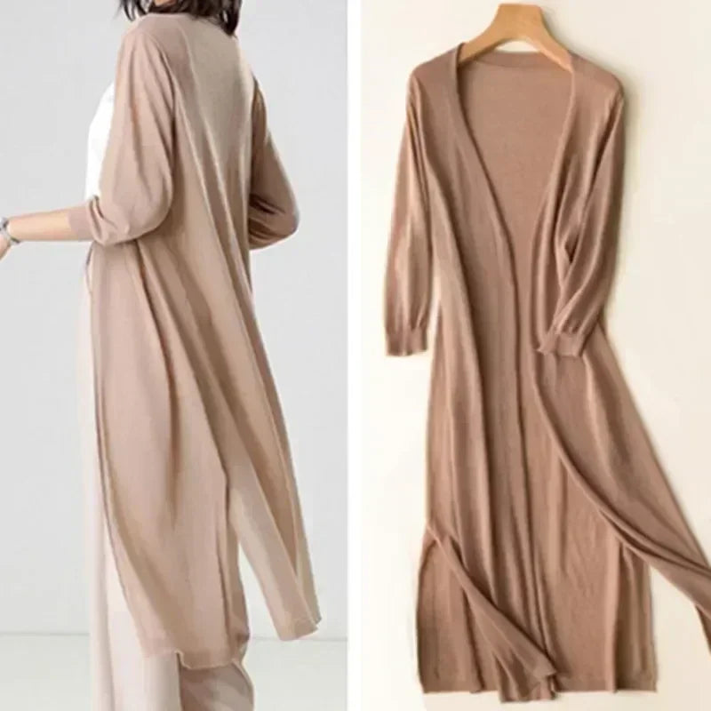 Langlinige Damen-Strickjacke luftig atmungsaktiv Feinstriek Sommerstoff