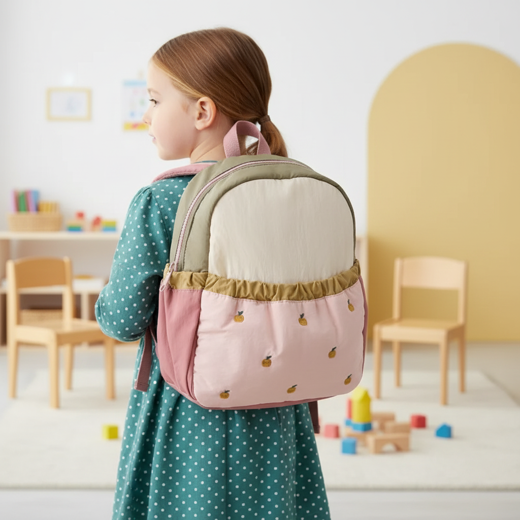 Kinderrucksack leicht Nylon mit Apfelmuster Stickerei