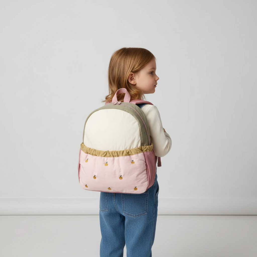 Kinderrucksack leicht Nylon mit Apfelmuster Stickerei