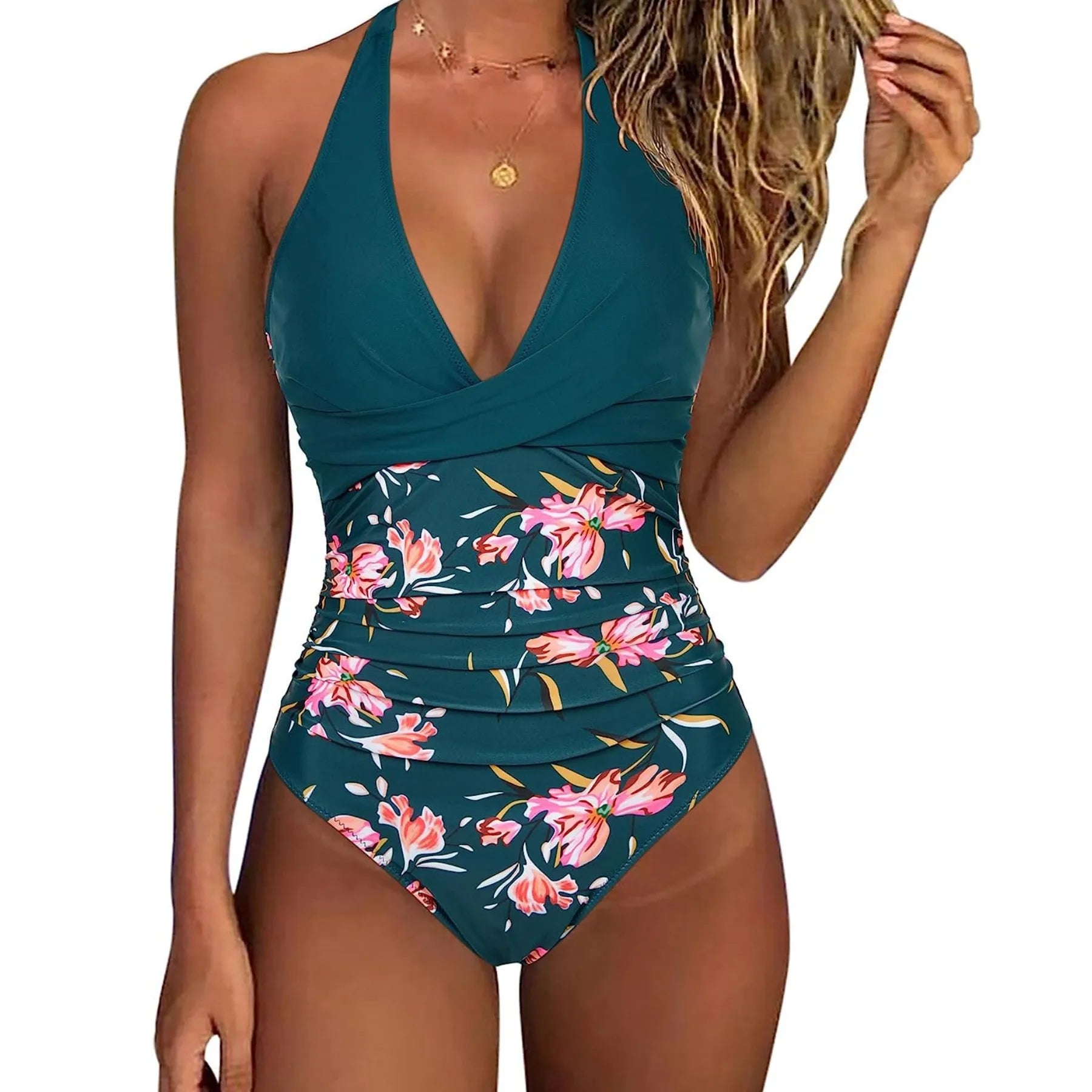 Damen-Badeanzug Einteiler Neckholder raffierte Taille