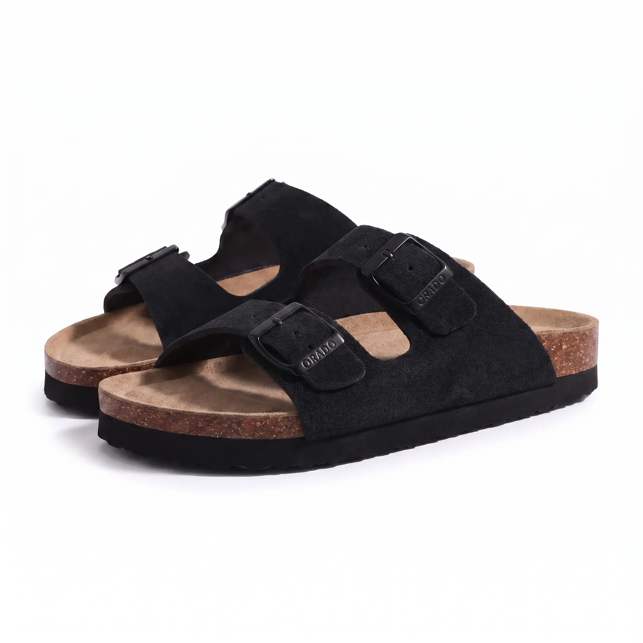 Zwei-Riemen-Sandalen mit Metallschnallen und Korkfußbett