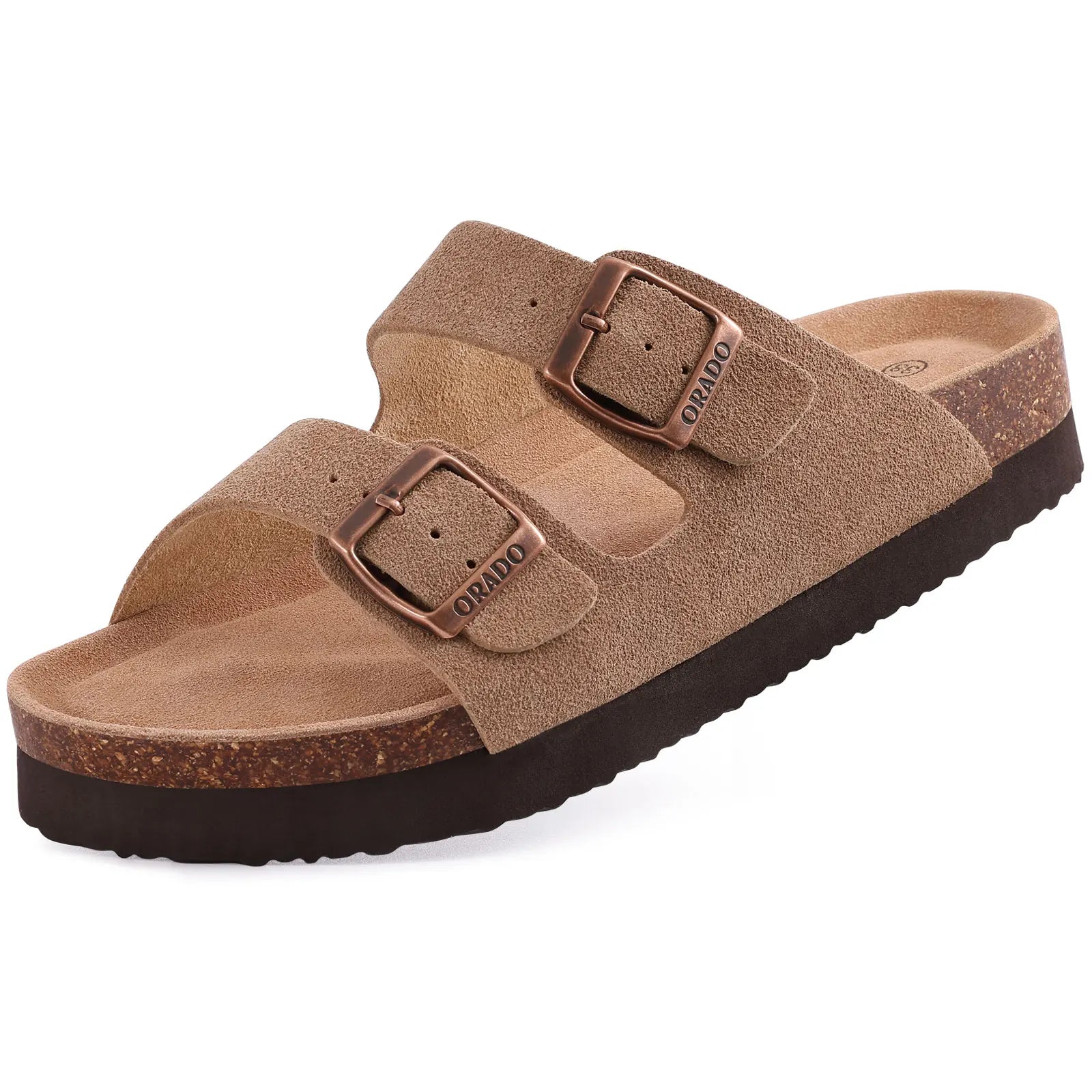 Zwei-Riemen-Sandalen mit Metallschnallen und Korkfußbett