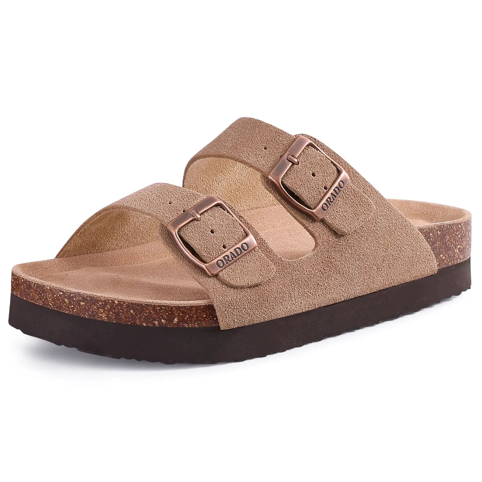 Zwei-Riemen-Sandalen mit Metallschnallen und Korkfußbett