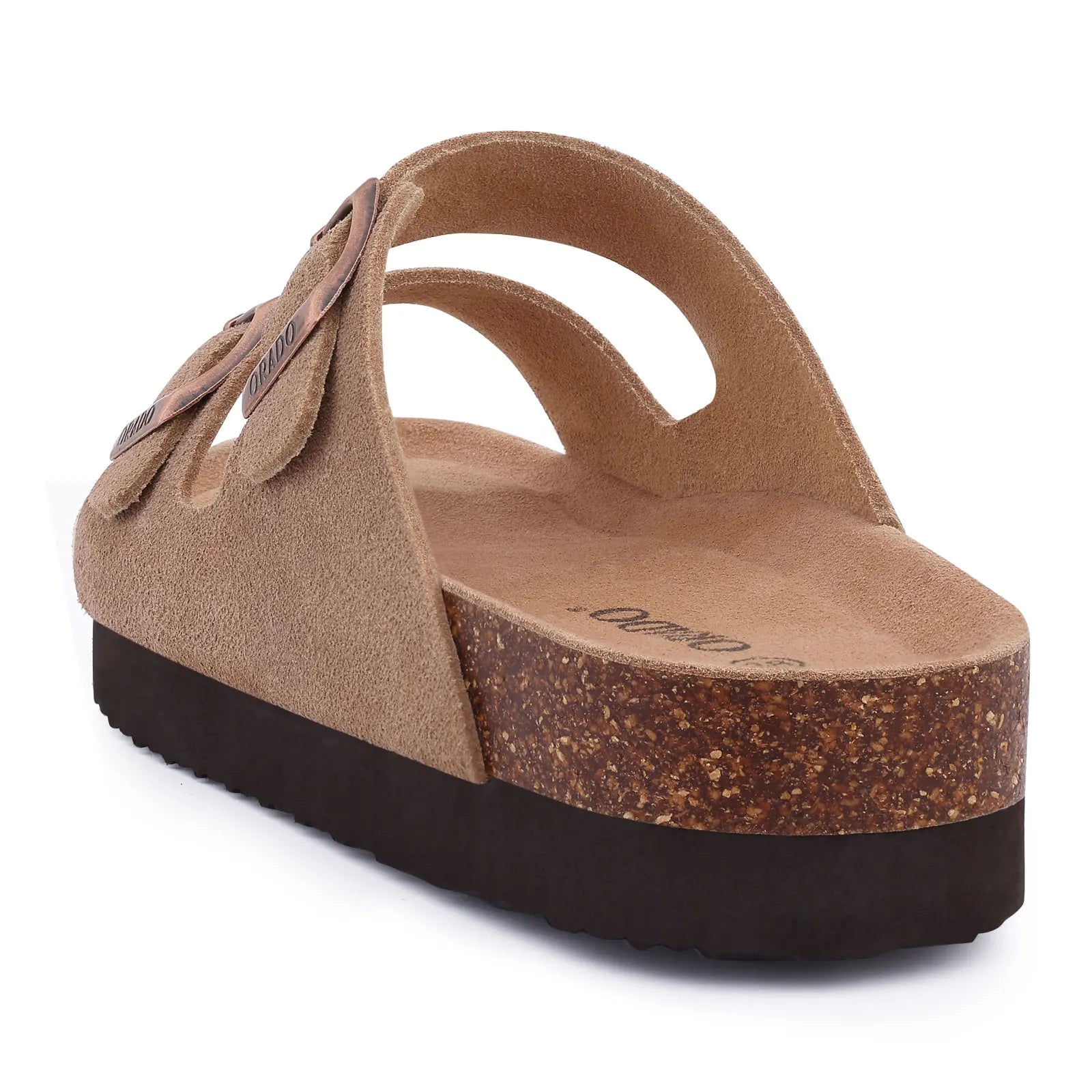 Zwei-Riemen-Sandalen mit Metallschnallen und Korkfußbett