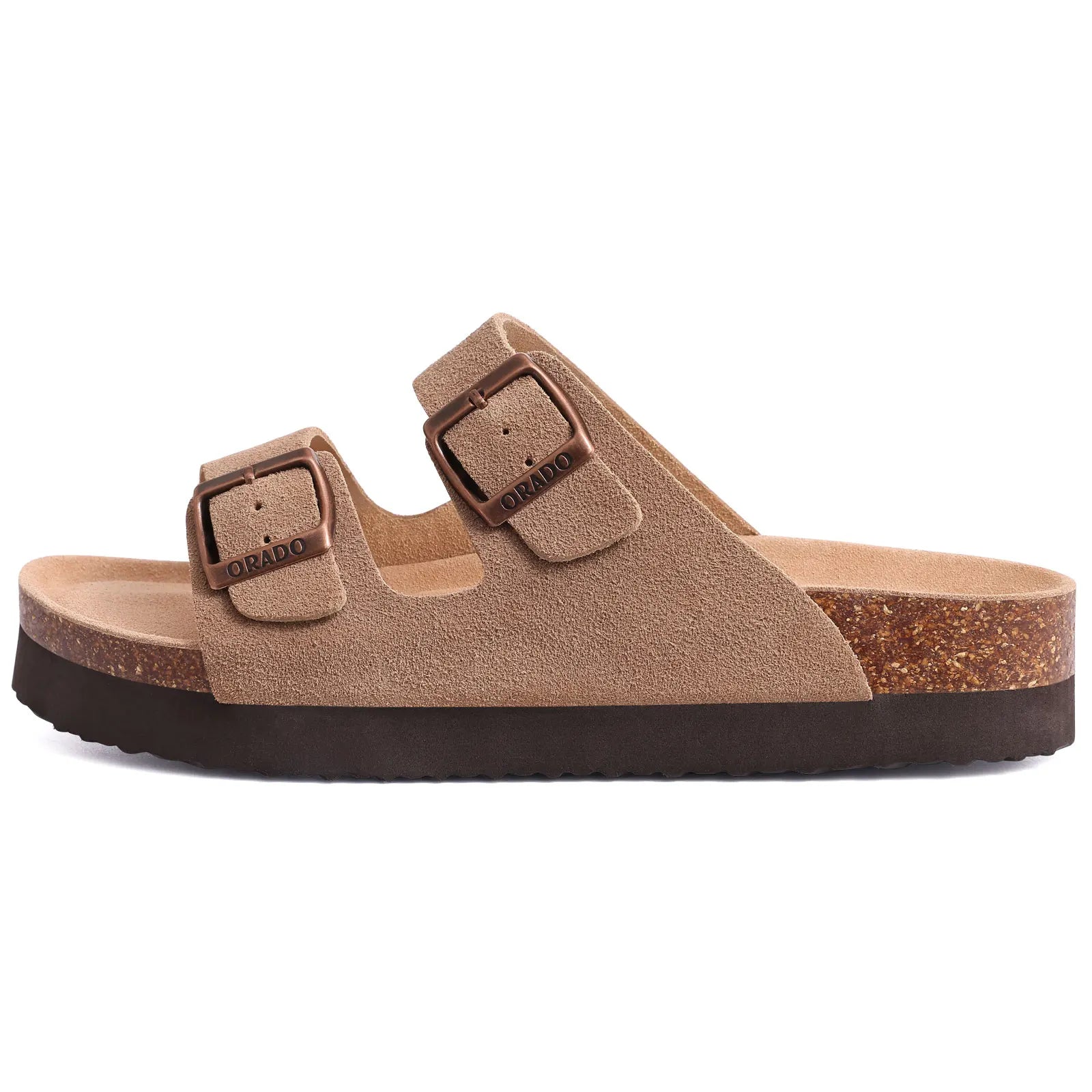 Zwei-Riemen-Sandalen mit Metallschnallen und Korkfußbett