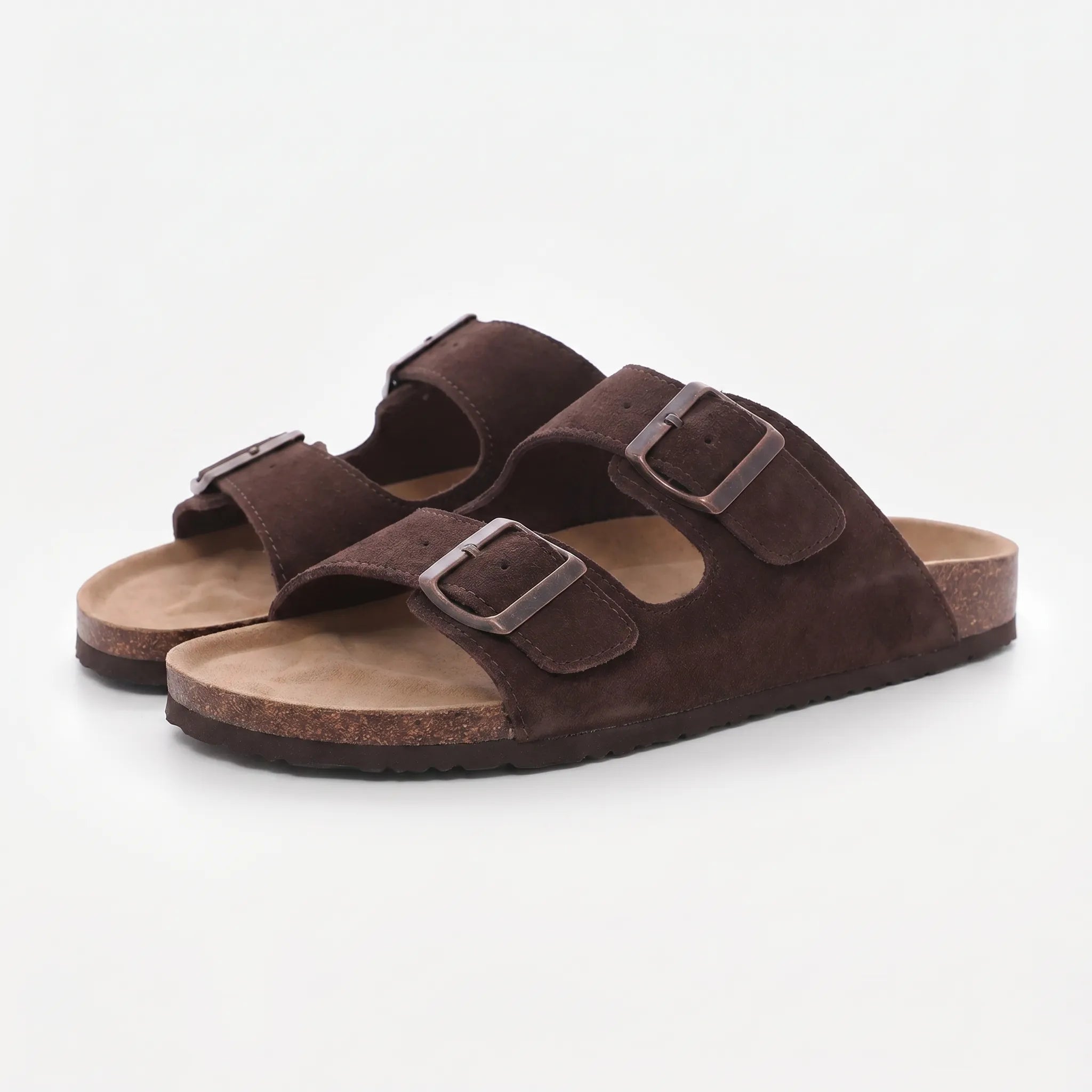 Zwei-Riemen-Sandalen mit Metallschnallen und Korkfußbett