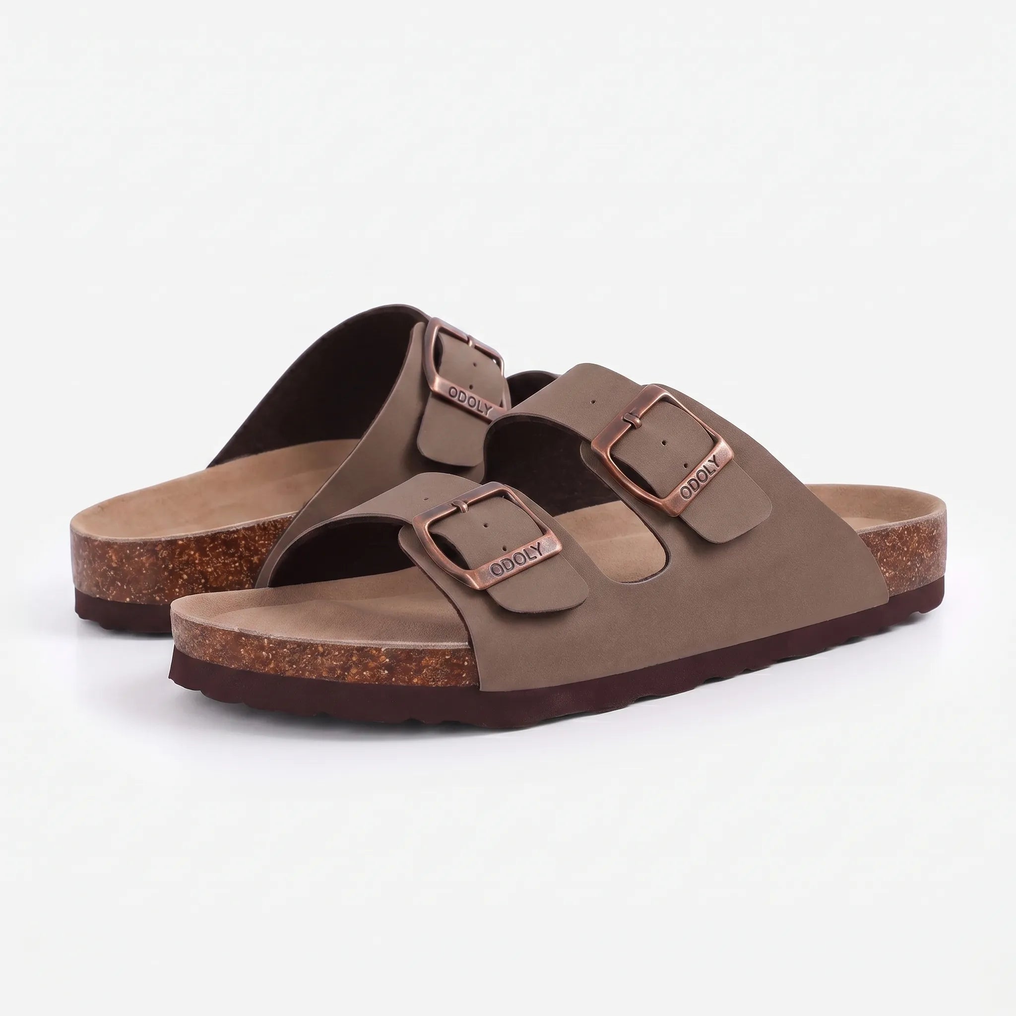 Zwei-Riemen-Sandalen mit Metallschnallen und Korkfußbett