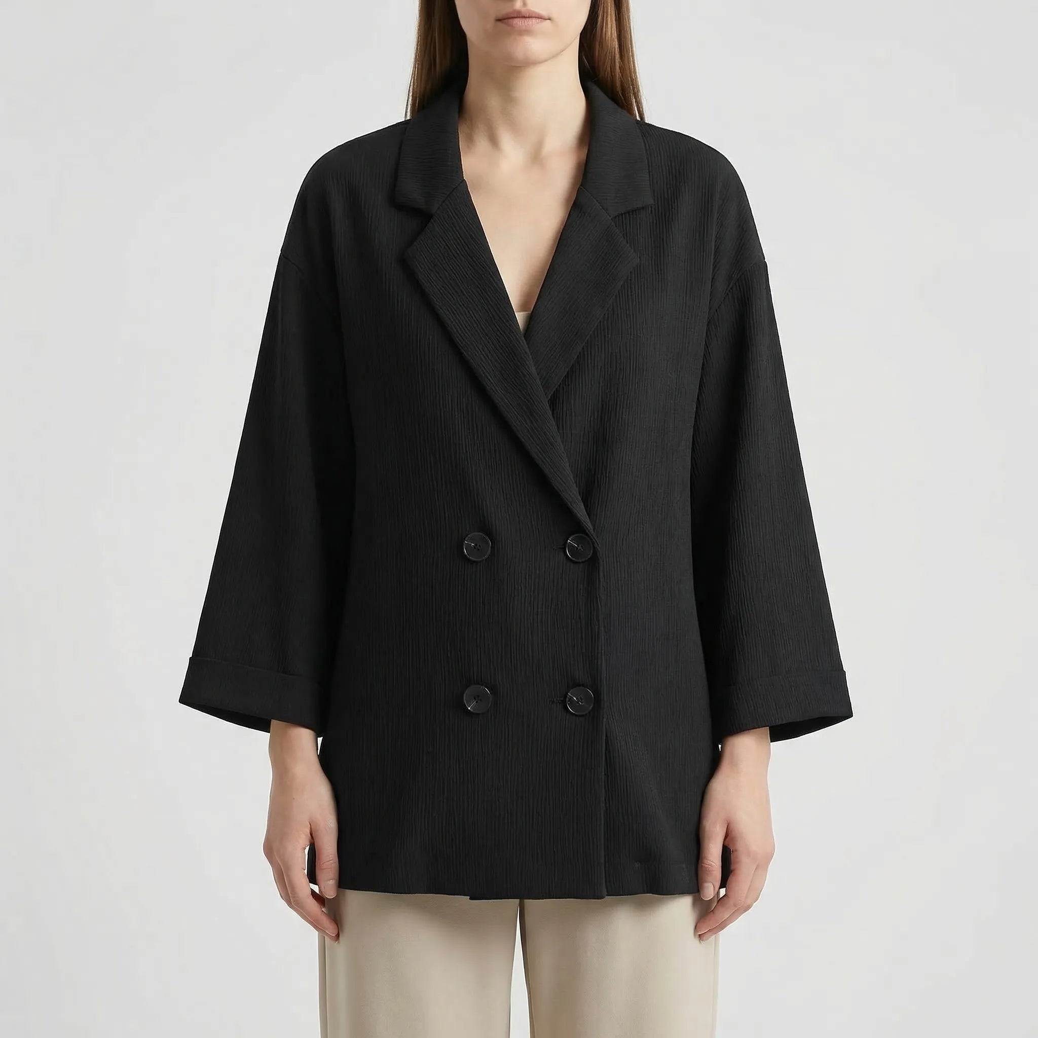 Damen Hosenanzug Set Crinkle-Optik zweireihiger Blazer weite Hose