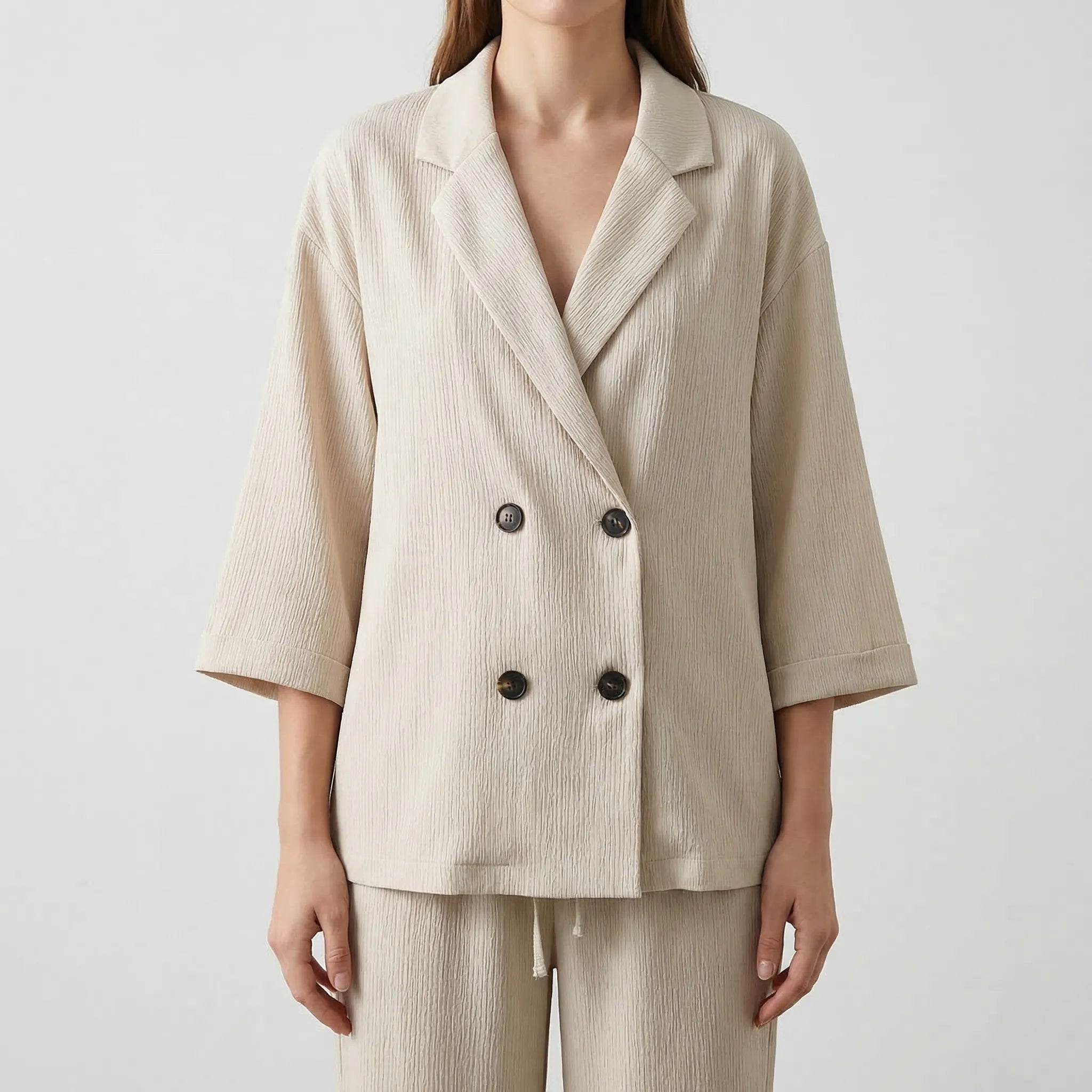 Damen Hosenanzug Set Crinkle-Optik zweireihiger Blazer weite Hose