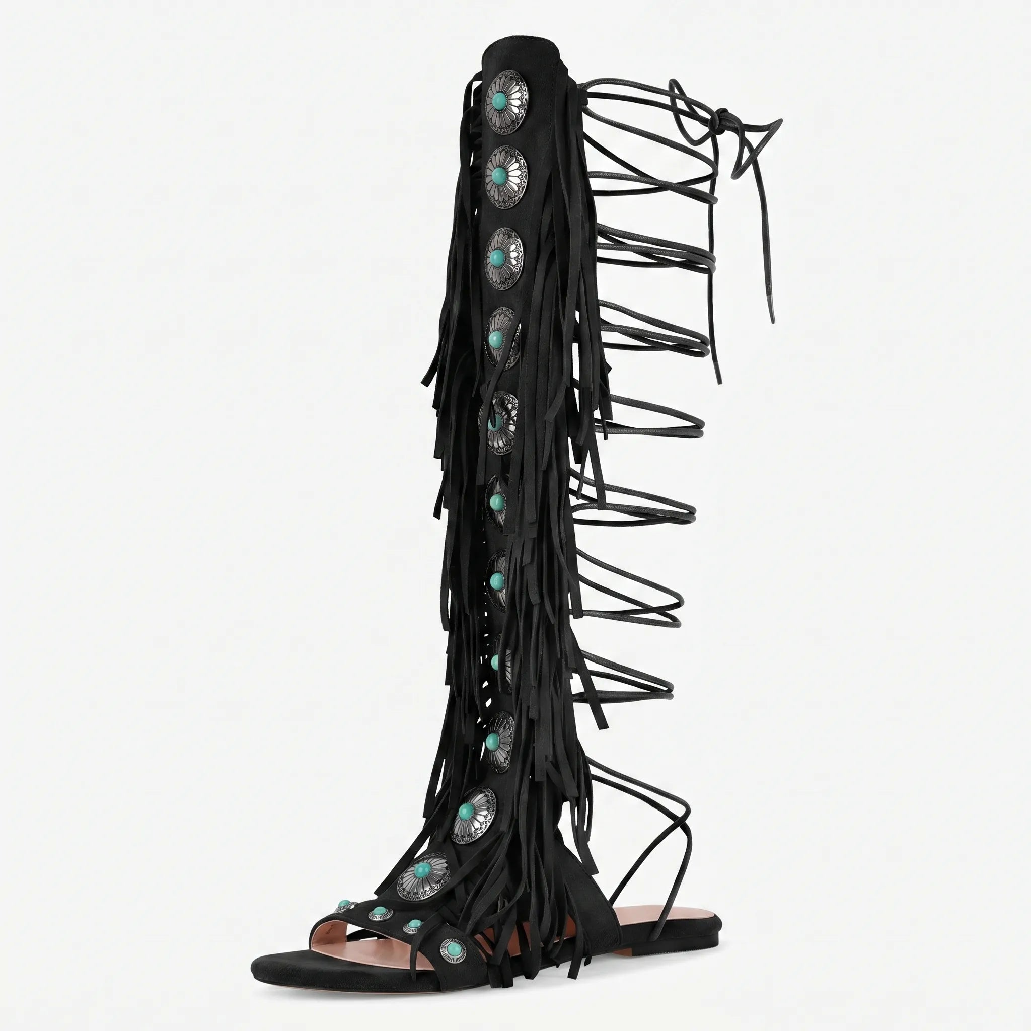 Knöchelhohe Fransen-Sandalen mit Schnürung und metallischen Details