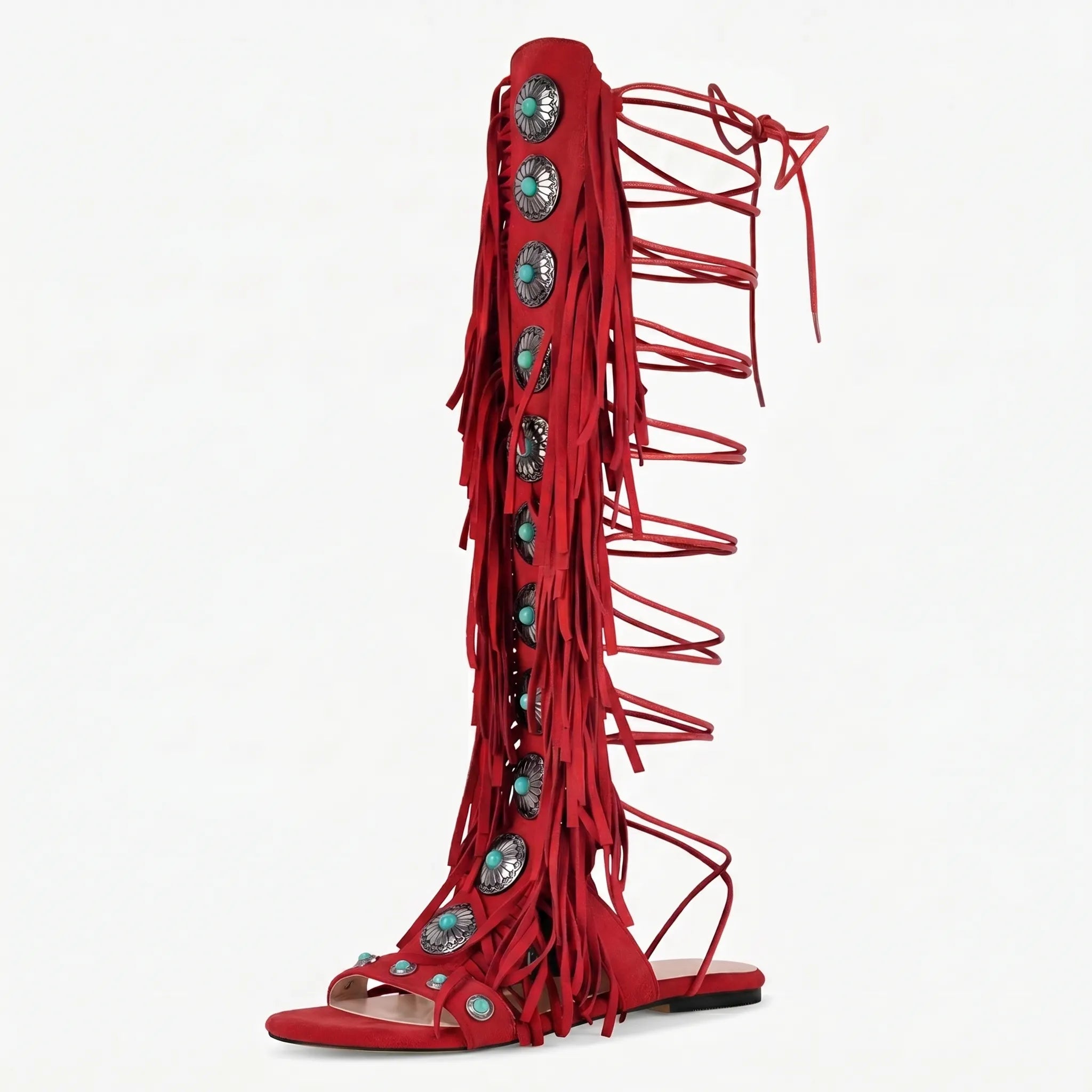 Knöchelhohe Fransen-Sandalen mit Schnürung und metallischen Details
