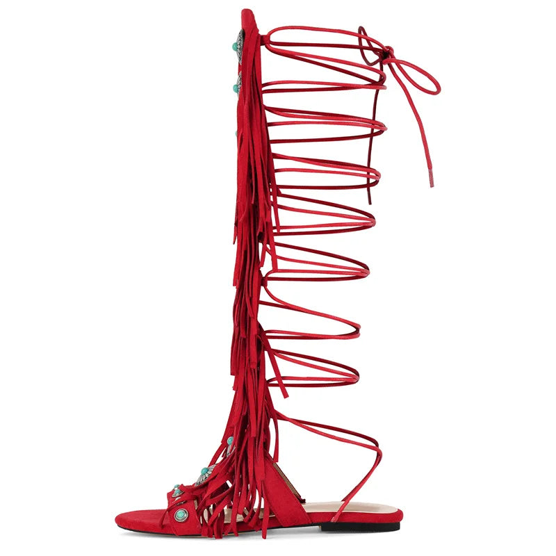 Knöchelhohe Fransen-Sandalen mit Schnürung und metallischen Details
