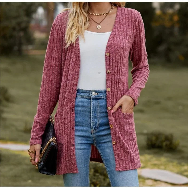 Damen Longline-Cardigan gerippter Stoff V-Ausschnitt Taschen